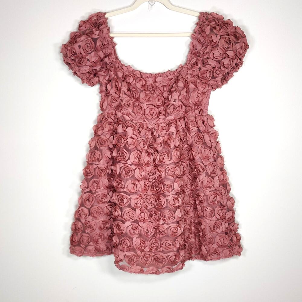 Altar'd State Rose Applique Puff Sleeve Mini Dress Pink L Romantic Coquette